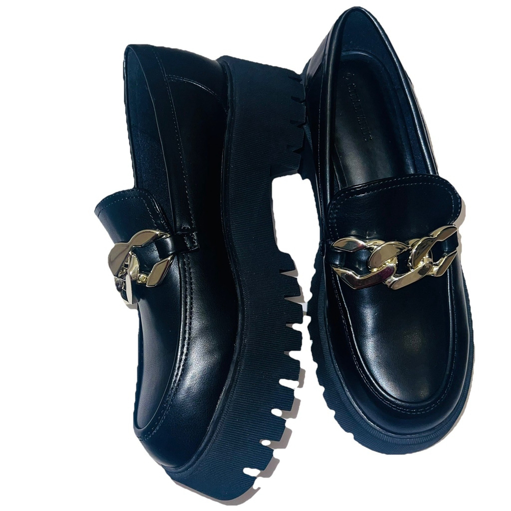 Stradivarius Chunky Lug Sole Loafers Black Gold Chain Platform EU 39/ US 8.5 - Picture 3 of 9
